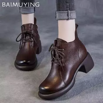 Кожаные женские ботильоны на шнуровке, дизайнерские туфли на среднем каблуке 2025 года, трендовые ретро-туфли на толстой подошве, классические оксфордские туфли, зимние ботинки Botas De Mujer 35 чёрный