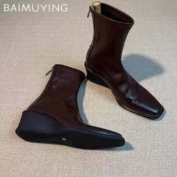 Кожаные женские ботильоны на танкетке с квадратным носком и средним каблуком, элегантная обувь 2025 года, модные новые брендовые зимние гладиаторские ботинки Botas De Mujer 35 коричневый