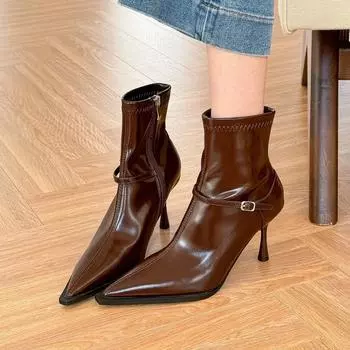 Кожаные женские ботильоны на высоком каблуке с острым носком, модная сексуальная обувь, новый бренд 2025 года, дизайнерские туфли-лодочки, зимние туфли Botas De Mujer 35 чёрный