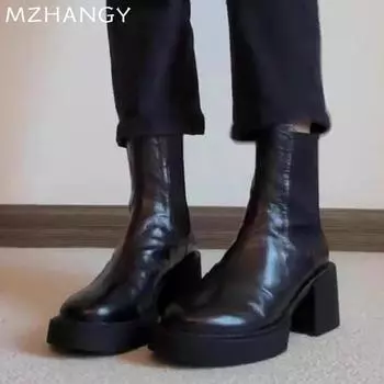 Кожаные женские ботильоны на высоком каблуке, модные массивные туфли для женщин 2025 года, зимние элегантные новые ботинки челси, туфли-лодочки Mujer Botas 35 чёрный