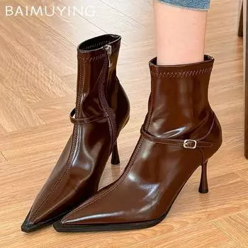 Кожаные женские ботильоны на высоком каблуке с острым носком, модная сексуальная обувь, новые брендовые трендовые дизайнерские туфли-лодочки, зимние туфли Botas De Mujer 35