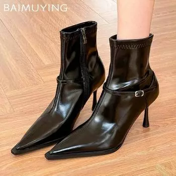 Кожаные женские ботильоны на высоком каблуке с острым носком, модная сексуальная обувь, новый бренд 2025 года, дизайнерские туфли-лодочки, зимние туфли Botas De Mujer 35 чёрный