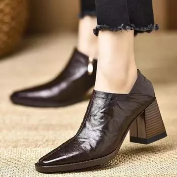 Кожаные женские ботильоны с острым носком, дизайнерские элегантные туфли на высоком каблуке, трендовые зимние туфли на толстом каблуке, модные женские туфли Botas De Mujer 35