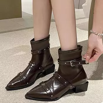 Кожаные женские ботильоны с острым носком, модные сексуальные туфли на среднем каблуке, дизайнерские массивные зимние туфли-лодочки, женские туфли-лодочки 35