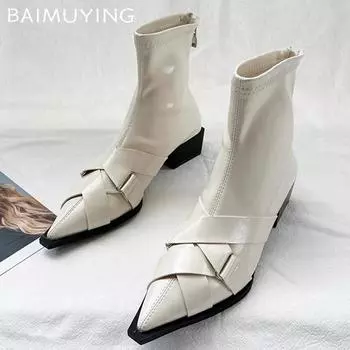 Кожаные женские ботильоны с острым носком, сексуальные туфли на плоской подошве, дизайнерские зимние новые брендовые трендовые модные гладиаторские туфли Chaussures Femme 35