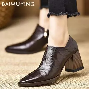 Кожаные женские ботильоны с острым носком, дизайнерские элегантные туфли на высоком каблуке 2024 года, трендовые зимние туфли-лодочки на массивной подошве, модные женские туфли Botas De Mujer 35 чёрный