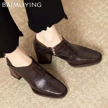 Кожаные женские ботильоны с острым носком, дизайнерские элегантные туфли на высоком каблуке 2024 года, трендовые зимние туфли-лодочки на массивной подошве, модные женские туфли Botas De Mujer 35 чёрный