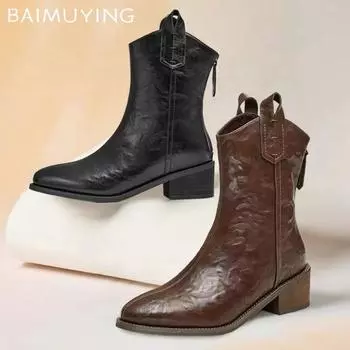 Кожаные женские ботильоны с острым носком, дизайнерские туфли на среднем каблуке, массивные зимние ботинки челси, трендовые туфли-лодочки в стиле ретро Botas De Mujer 35