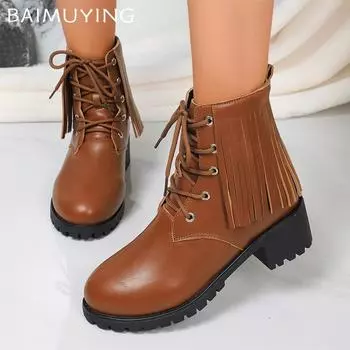 Кожаные женские ботильоны Talssels на шнуровке, дизайнерские туфли в стиле ретро на среднем каблуке, тренд зимы 2025 года, массивные классические новые ботинки Botas De Mujer 36 светло-коричневого