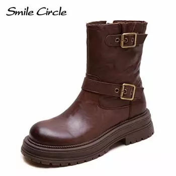 Кожаные женские ботинки с круглым носком, на молнии, с толстой подошвой, удобные, модные, повседневные ботинки 35 коричневый