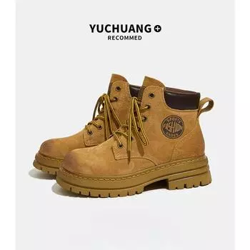 Кожаные женские осенние ботинки Doc Martens из свиной кожи длиной до середины голени для работы на открытом воздухе желтого цвета 33 серый