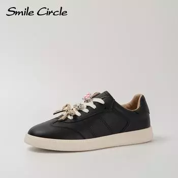 Кожаные женские повседневные туфли с круглым носком на шнуровке на плоской подошве, модные удобные кроссовки 35 чёрный