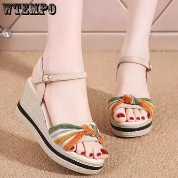 Кожаные женские сандалии, летние туфли на увеличенной толстой подошве на наклонном каблуке, нескользящие модные женские сандалии с открытым носком 35 бежевый