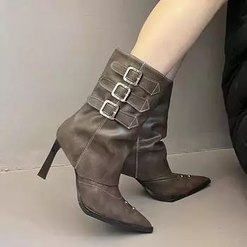 Кожаные женские сапоги до середины голени с острым носком, сексуальные туфли на высоком каблуке, трендовая зимняя мода, новые туфли-лодочки с пряжкой в готическом стиле Botas De Mujer 35