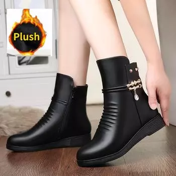Кожаные женские сапоги зимние толстые шерстяные кожаные женские сапоги с подкладкой из натуральной кожи большого размера женская зимняя обувь 35 чёрный