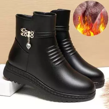 Кожаные женские сапоги зимние толстые шерстяные кожаные женские сапоги с подкладкой из натуральной кожи большого размера женская зимняя обувь 40 чёрный