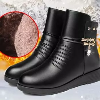 Кожаные женские сапоги зимние толстые шерстяные с подкладкой из искусственной кожи женские теплые зимние сапоги большого размера женская зимняя обувь 35 чёрный