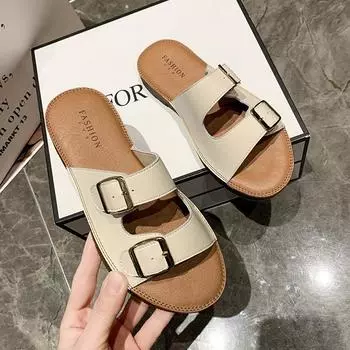 Кожаные женские тапочки, летние женские повседневные тапочки с двойной пуговицой, подошва из бычьего сухожилия, нескользящие пляжные тапочки для улицы 35 бежевый