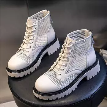 Кожаные женские туфли, ботинки Martin женские 2025 года, новые летние женские дышащие полые сетчатые ботинки, короткие ботинки на плоской подошве, детские ботинки Tide 35