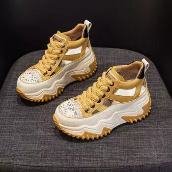 Кожаные женские туфли Daddy Shoes Retro Inner Elevation повседневные спортивные сандалии на платформе 33 жёлтый