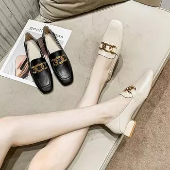 Кожаные женские туфли Мэри Джейн на плоской подошве с металлической цепочкой Мягкие удобные мокасины Белые Черные 2-3 см 34 бежевый