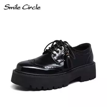 Кожаные женские туфли на массивной подошве, повседневная обувь на толстом каблуке и толстой подошве, женская кожаная обувь с круглым носком на шнуровке 35 чёрный