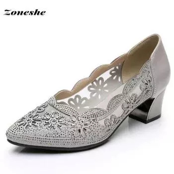 Кожаные женские туфли на среднем каблуке, сетчатые женские офисные туфли, модная повседневная обувь 35 серый