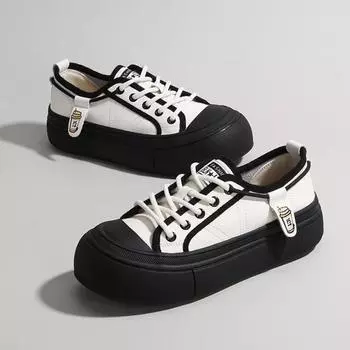 Кожаные женские туфли на толстой подошве, белые, с низким верхом, на шнуровке, корейские, повседневные туфли на платформе, 2024 35 чёрный