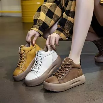 Кожаные женские туфли повседневные ретро короткие сапоги с толстой подошвой 35 жёлтый