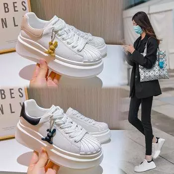 Кожаные женские туфли весенние на толстой подошве ракушечные головки маленькие белые туфли женские туфли на плоской подошве 35 хаки