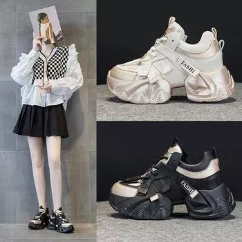 Кожаные женские туфли весна лето кекс толстая подошва внутри подъемные спортивные повседневные туфли старые 33 чёрный