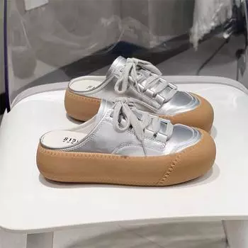 Кожаные женские верхние туфли на толстой подошве, полутапочки с закрытым носком, универсальные кроссовки с круглым носком, на шнуровке, без каблука, белые полутапочки 35 белый