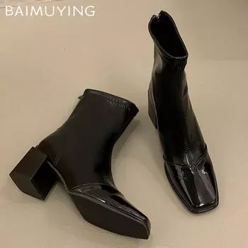 Кожаные женские зимние ботильоны на среднем каблуке, дизайнерские туфли-лодочки с квадратным носком и массивной подошвой, модная обувь, зима 2024, новый тренд, готические ботинки-ботинки Mujer 35 чёрный