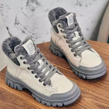 Кожаные женские зимние сапоги с толстой подошвой и круглым носком, противоскользящие, теплые, толстые, короткие, модные и универсальные женские хлопковые туфли 35 серый