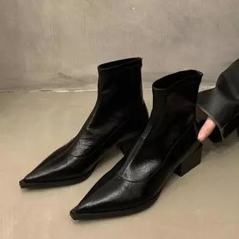 Кожаные зимние ботильоны для женщин на среднем каблуке, модная обувь, острый носок, зимние ботинки челси, трендовые гладиаторские женские ботинки Zapatillas 35
