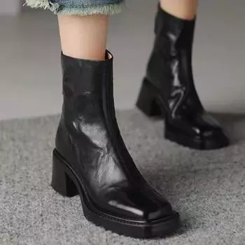 Кожаные зимние ботинки для женщин на среднем каблуке, модная обувь, зимние массивные дизайнерские мотоциклетные ботинки, трендовые гладиаторы Zapatos 35
