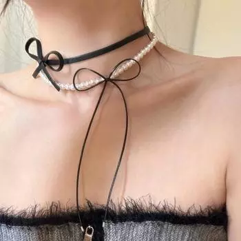 Кожаный бант с жемчугом, двойное ожерелье, женский дизайн, чувство высокой моды, индивидуальный подход, универсальная цепочка на шею, цепочка на ключицу