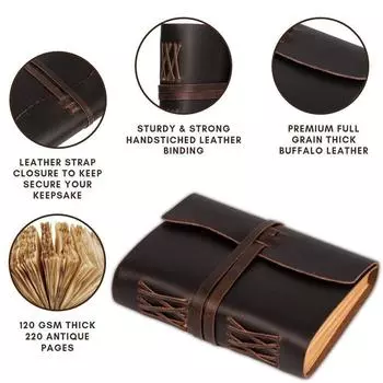 Кожаный блокнот для записей, 220 страниц, винтажный бумажный дневник, альбом для рисования 7 x 5 in коричневый