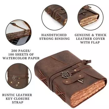 Кожаный блокнот Journal — коричневый, 7x5 дюймов, хлопковая акварельная бумага с декоративными краями 7 x 5 in коричневый