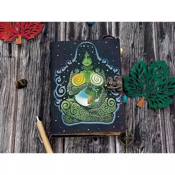Кожаный блокнот ручной работы Богиня-мать для мужчин и женщин, дорожный скетчбук, чистая книга с бумагой ручной работы с состаренным краем и замком 7 x 5 in
