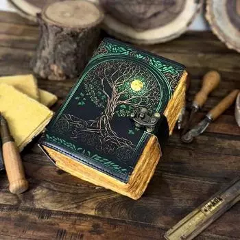 Кожаный блокнот ручной работы с тиснением «Зеленое Дерево жизни» в винтажном стиле 7 x 5 in