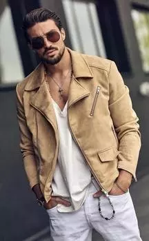 Кожаный Бомбер Повседневный Стильный Мужской Пиджак Коричневая Замша Ручная Работа Натуральная Овчина S коричневый