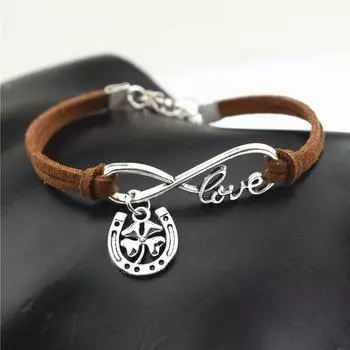 Кожаный браслет «Бесконечная любовь» с лошадью и подковой для женщин и мужчин, копыта, счастливый подарок, браслеты с подвесками в виде четырехлистного клевера темно-коричневого