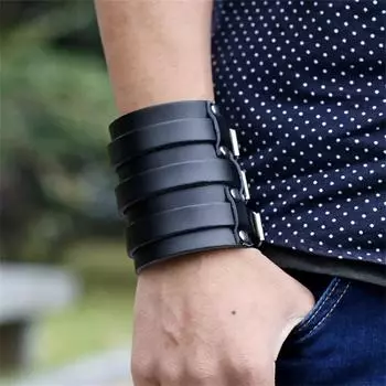 Кожаный браслет для мужчин Guard Wristband Cuff Goth Armbands Concealed Buckle Adjustable Gothic Punk Bracelets Men Jewelry коричневый