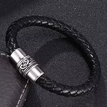 Кожаный браслет для мужчин с подвесками из нержавеющей стали, застежка на руку, браслет для мужчин, браслеты, запястье 165mm чёрный