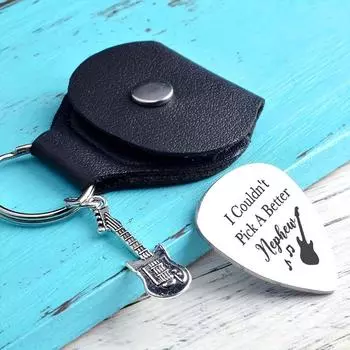 Кожаный брелок из 3 частей с медиатором из нержавеющей стали, подвеска для гитары + медиатор + кожаный чехол, современный простой подарочный брелок для гитары 3pcs