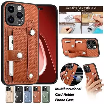 Кожаный чехол-бумажник из углеродного волокна с текстурой браслета для iPhone 15 14 Plus 13 12 11 Pro Max XSMAX для Samsung S23 S22 S21 S20Ultra Plus A14 A54 A53 iPhone 6/6S чёрный