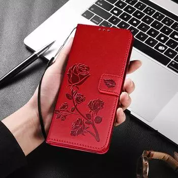 Кожаный чехол-бумажник с цветком розы для Samsung Galaxy S23 Ultra S22 S21 Plus A04S A54 A53 Xiaomi Redmi Note 11 iPhone 14 13 12 Pro Max откидная крышка For Samsung Galaxy A04S красный