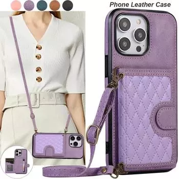 Кожаный чехол-бумажник с отделением для карт через плечо для iPhone 15 14 Plus 13 12 11 Pro Max XS Max/Samsung S23 S22 S21 S20 Ultra Plus A14 A54 A13 A53 iPhone 6/6S чёрный