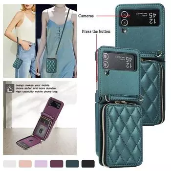 Кожаный чехол-бумажник с ремешком через плечо на молнии для телефона Samsung Galaxy Z Flip 5 4 3 Z Fold 5 4 3, роскошный чехол-подставка с веревкой на запястье Samsung Z Flip 3 чёрный